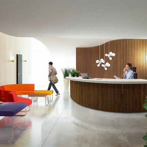 Maatwerk balie met latten, werkplek, ontvangstplek