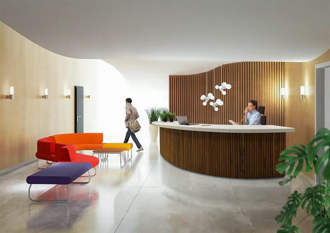 Maatwerk balie met latten, werkplek, ontvangstplek