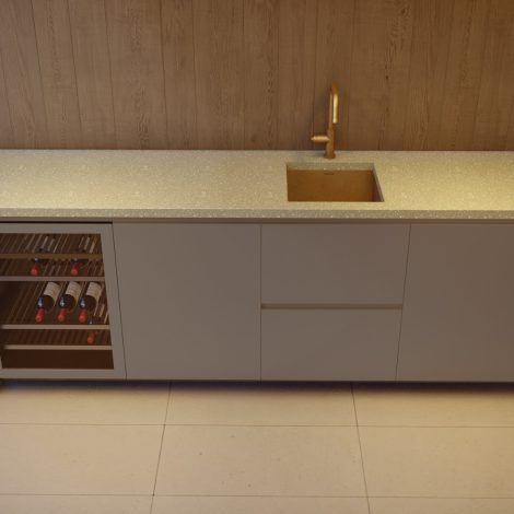 Buitenkeuken met ronde hoeken en lattenpatroon. Op maat gemaakt. Buitenkeuken met lades. Buitenkeuken met wijnkoeler