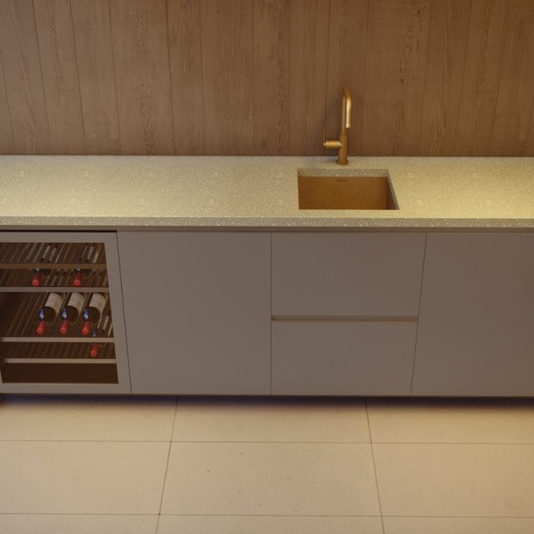 Buitenkeuken met ronde hoeken en lattenpatroon. Op maat gemaakt. Buitenkeuken met lades. Buitenkeuken met wijnkoeler